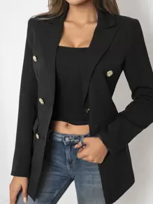 EURMUSE Double Breasted Flap Detail Blazer - Black - View 6