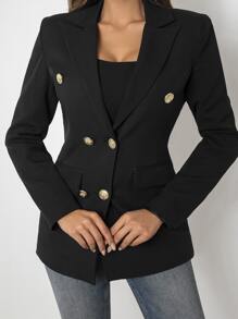 EURMUSE Double Breasted Flap Detail Blazer - Black - View 7
