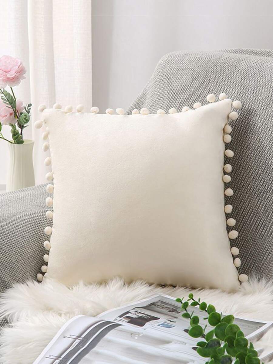 1pc Pompom Decor Cushion Cover Without Filler - White - View 1