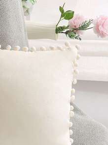 1pc Pompom Decor Cushion Cover Without Filler - White - View 3