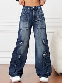 SHEIN EZwear High Waist Flap Pocket Cargo Jeans - Dark Wash - View 1