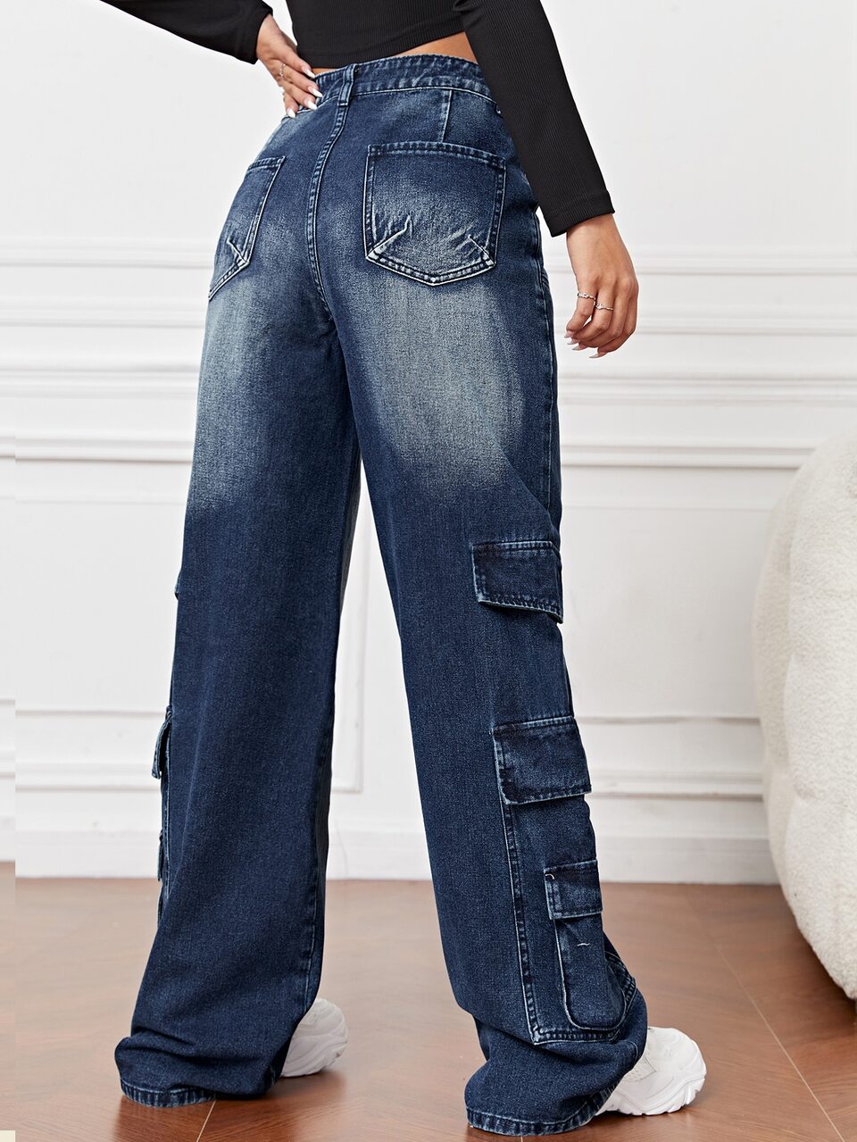 High Waist Flap Pocket Cargo Jeans
