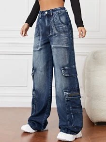 SHEIN EZwear High Waist Flap Pocket Cargo Jeans - Dark Wash - View 3