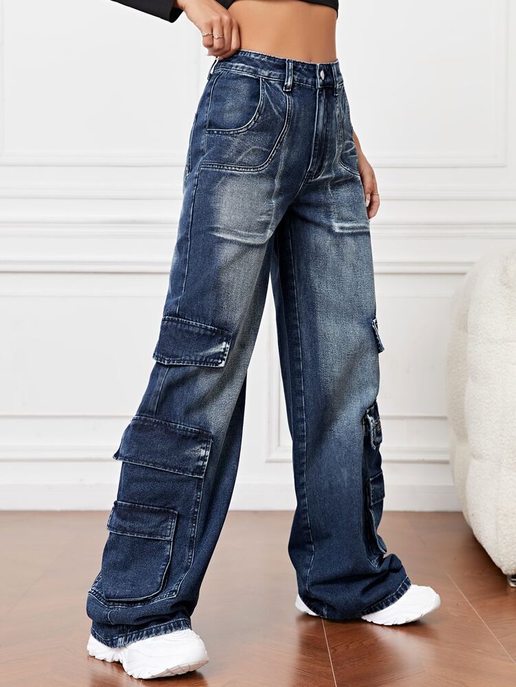 High Waist Flap Pocket Cargo Jeans