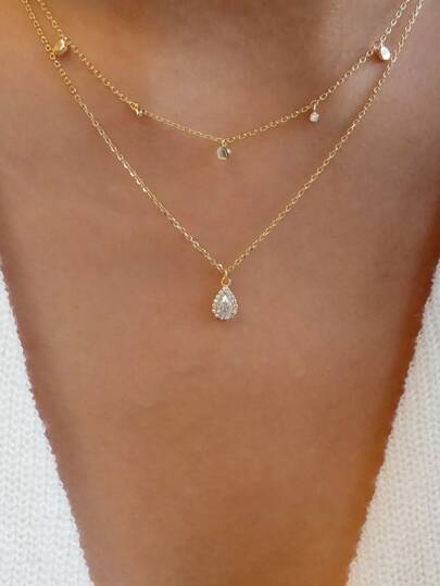 Rhinestone Water-Drop Decor Layered Chain Necklace