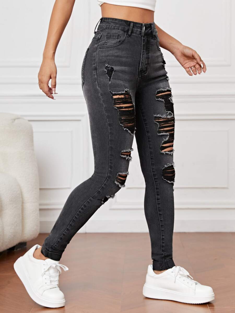 SHEIN EZwear Ripped Frayed Slant Pocket Skinny Jeans - Dark Grey - View 1