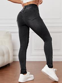 SHEIN EZwear Ripped Frayed Slant Pocket Skinny Jeans - Dark Grey - View 2