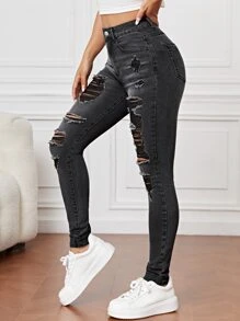 SHEIN EZwear Ripped Frayed Slant Pocket Skinny Jeans - Dark Grey - View 4