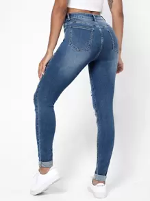 破洞抽鬚斜口袋緊身牛仔褲 - 中等水洗藍 - 查看 2