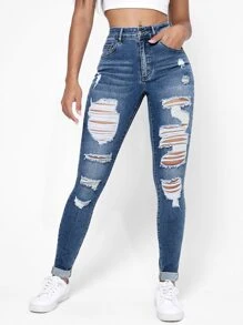 破洞抽鬚斜口袋緊身牛仔褲 - 中等水洗藍 - 查看 3