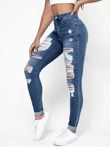 破洞抽鬚斜口袋緊身牛仔褲 - 中等水洗藍 - 查看 5