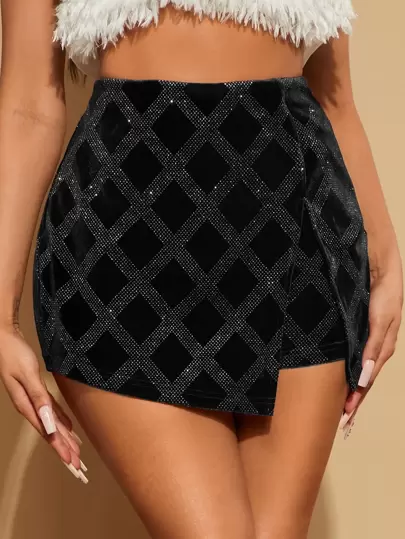 SHEIN SXY Rhinestone Wrap Velvet Skort
