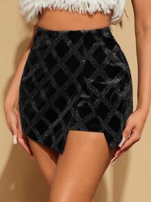 SHEIN SXY Skort con diamante de imitación cruzado de terciopelo - Negro - Ver 1