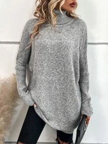 SHEIN LUNE Turtleneck Batwing Sleeve Jumper - Grey - View 1
