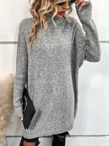 SHEIN LUNE Turtleneck Batwing Sleeve Jumper - Grey - View 3