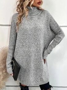 SHEIN LUNE Turtleneck Batwing Sleeve Jumper - Grey - View 5