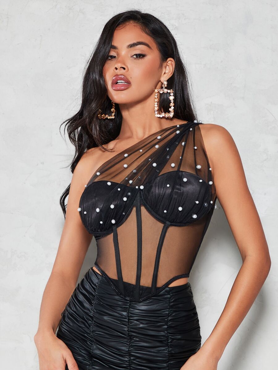 SHEIN BAE One Shoulder Pearls Beaded Mesh Top - Black - View 1