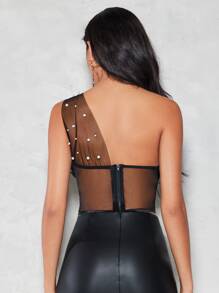 SHEIN BAE One Shoulder Pearls Beaded Mesh Top - Black - View 2