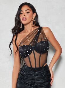 SHEIN BAE One Shoulder Pearls Beaded Mesh Top - Black - View 3