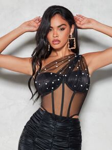SHEIN BAE One Shoulder Pearls Beaded Mesh Top - Black - View 4