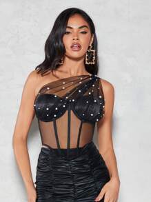SHEIN BAE One Shoulder Pearls Beaded Mesh Top - Black - View 5