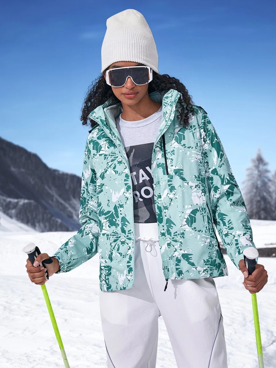 Allover Print Hooded Sports Jacket With Detachable Fleece Liner - Mint Green - View 1