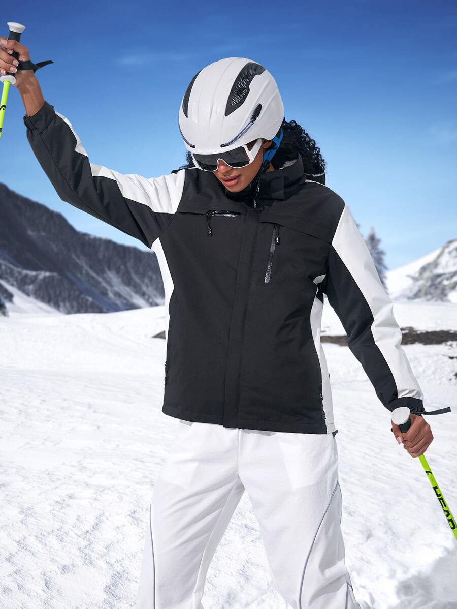 Waterproof Wind-Proof Drawstring Hooded Sports Jacket - Black and White - View 1