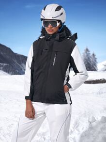 Waterproof Wind-Proof Drawstring Hooded Sports Jacket - Black and White - View 4