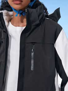 Waterproof Wind-Proof Drawstring Hooded Sports Jacket - Black and White - View 6