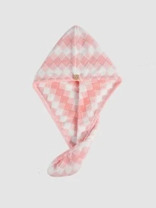 1pc Plaid Pattern Hair Towel, Modern Polyester Hair Drying Cap For Bathroom - Pink - View 1