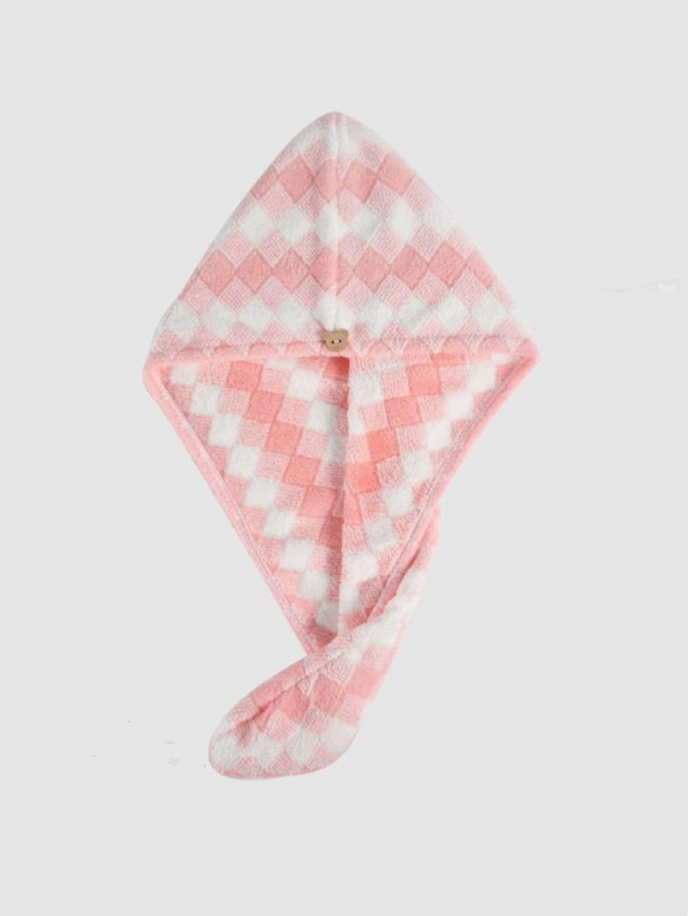 1pc Plaid Pattern Hair Towel, Modern Polyester Hair Drying Cap For Bathroom - Pink - View 1