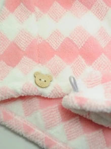 1pc Plaid Pattern Hair Towel, Modern Polyester Hair Drying Cap For Bathroom - Pink - View 2