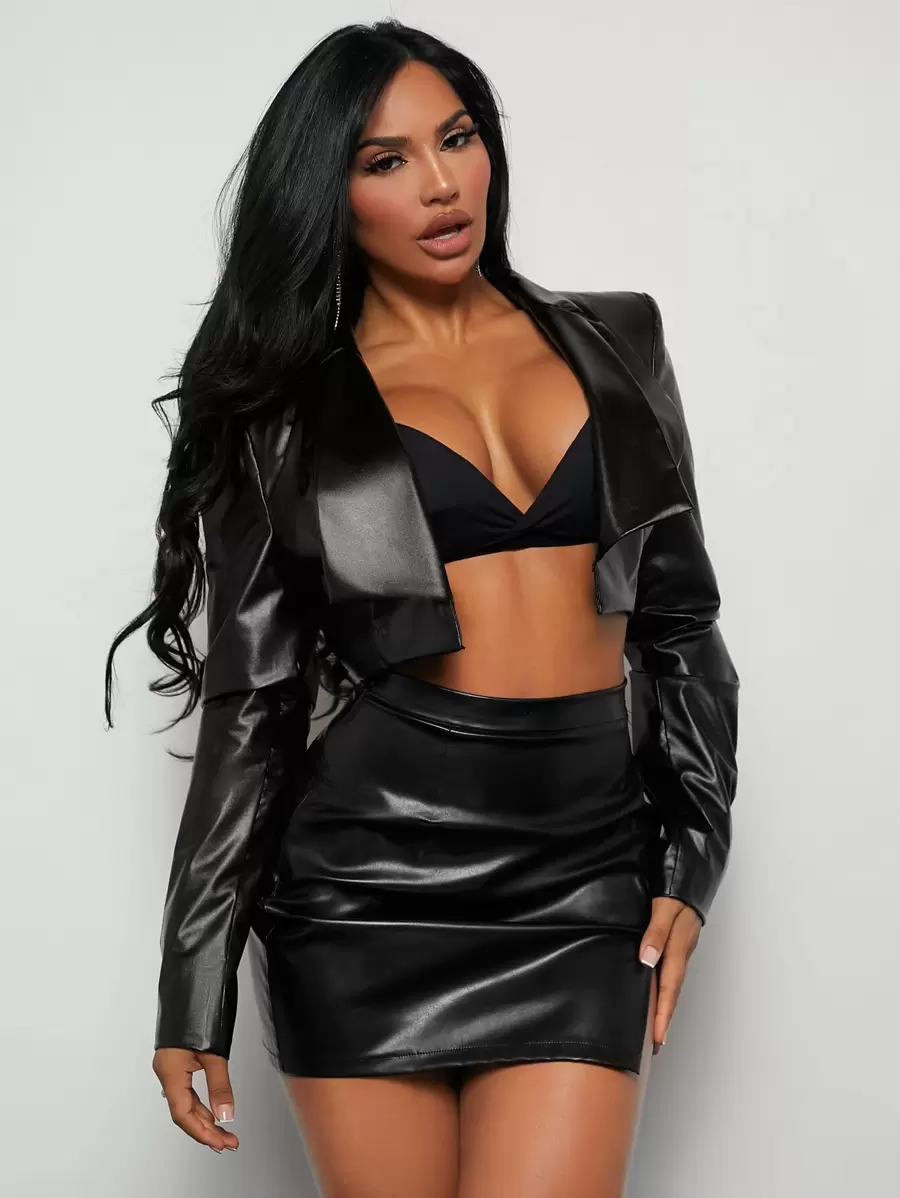 SHEIN SXY Open Front Crop PU Leather Jacket - Black - View 1