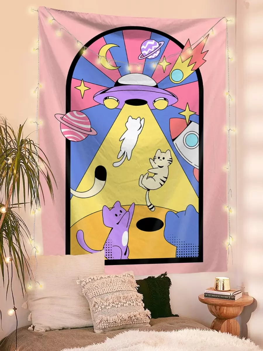 Cartoon Cat & Spaceship Print Tapestry, Home Decor, Room Decor, Flags For Room, Tapestry - Multicolor - View 1