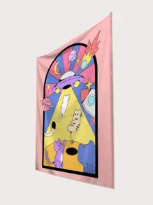 Cartoon Cat & Spaceship Print Tapestry, Home Decor, Room Decor, Flags For Room, Tapestry - Multicolor - View 2