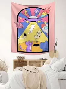 Cartoon Cat & Spaceship Print Tapestry, Home Decor, Room Decor, Flags For Room, Tapestry - Multicolor - View 4
