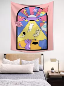 Cartoon Cat & Spaceship Print Tapestry, Home Decor, Room Decor, Flags For Room, Tapestry - Multicolor - View 5