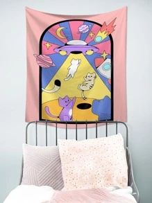Cartoon Cat & Spaceship Print Tapestry, Home Decor, Room Decor, Flags For Room, Tapestry - Multicolor - View 6