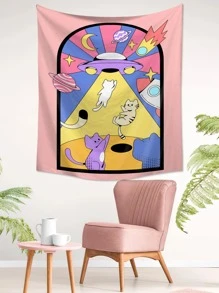 Cartoon Cat & Spaceship Print Tapestry, Home Decor, Room Decor, Flags For Room, Tapestry - Multicolor - View 7
