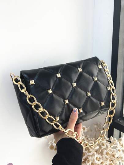 Studded Decor Quilted Flap Chain Square Bag