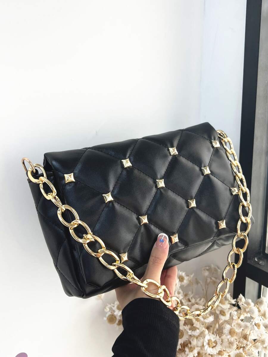 鉚釘裝飾衍縫翻蓋鏈條方包 - 黑色 - 查看 1