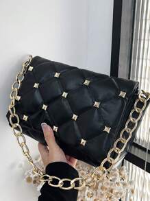 鉚釘裝飾衍縫翻蓋鏈條方包 - 黑色 - 查看 2