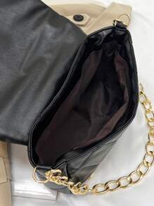 鉚釘裝飾衍縫翻蓋鏈條方包 - 黑色 - 查看 4