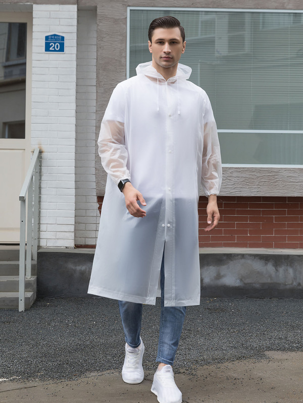 Solid Drawstring Hooded Raincoat, White Rain Jacket For Outdoor, Adults