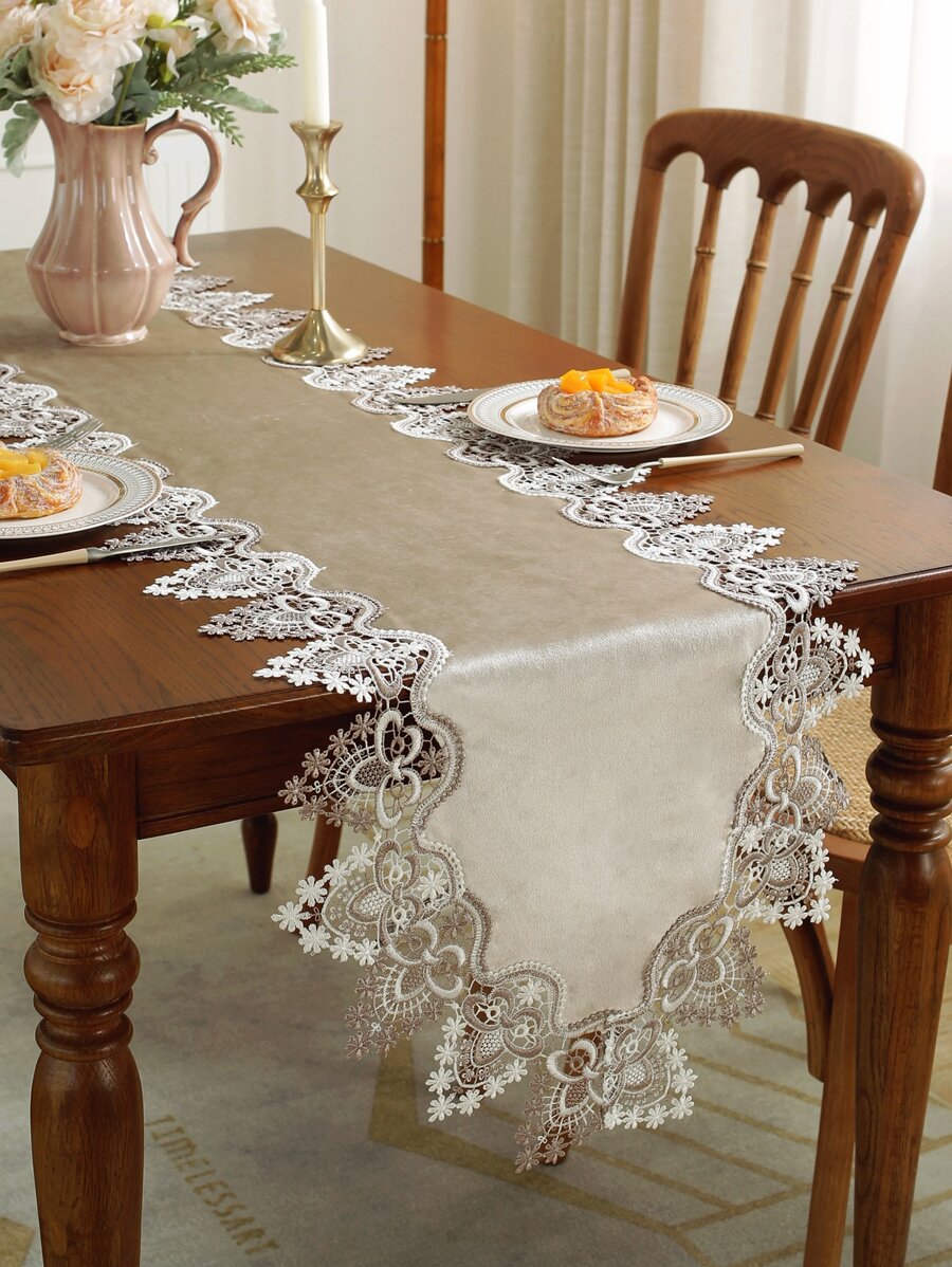 100% Polyester Fabric Patchwork Dual-Color Water-Soluble Lace Decorative Table Runner/Runner, Suitable For Kitchen, Dining Table, Desk, Coffee Table, Vanity, Home Decor, Living Room, Bedroom, Yard, Indoor/Outdoor, Camping, Villa, Holiday, Party, Cabinet, Family Gathering, Festival Decoration, Party/Wedding Decorations, 1pc - Coffee Brown - View 1