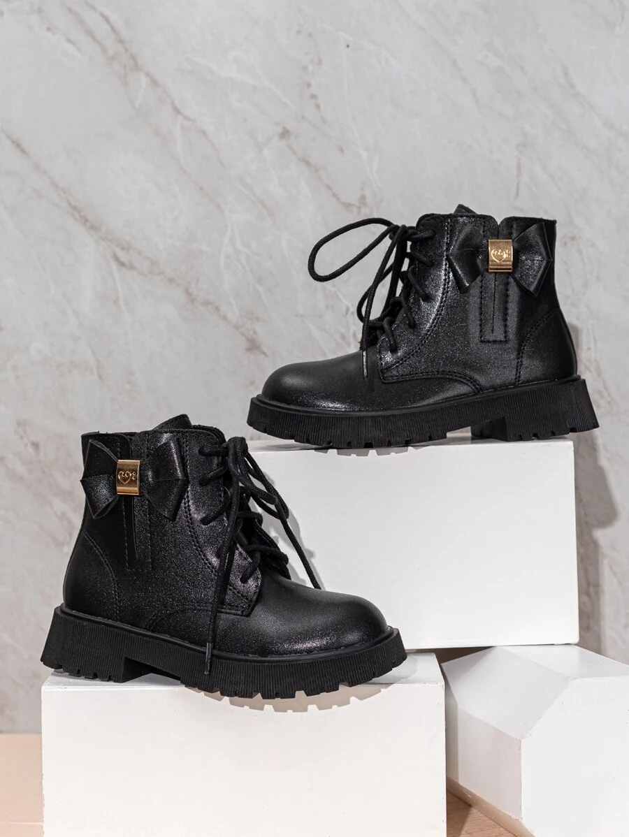 Girls Bow Decor Lace-up Front Zipper Side Combat Boots - Black - View 1