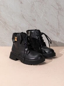 Girls Bow Decor Lace-up Front Zipper Side Combat Boots - Black - View 2