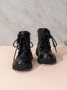 Girls Bow Decor Lace-up Front Zipper Side Combat Boots - Black - View 3