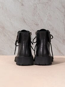 Girls Bow Decor Lace-up Front Zipper Side Combat Boots - Black - View 4