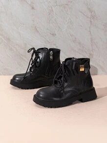 Girls Bow Decor Lace-up Front Zipper Side Combat Boots - Black - View 5